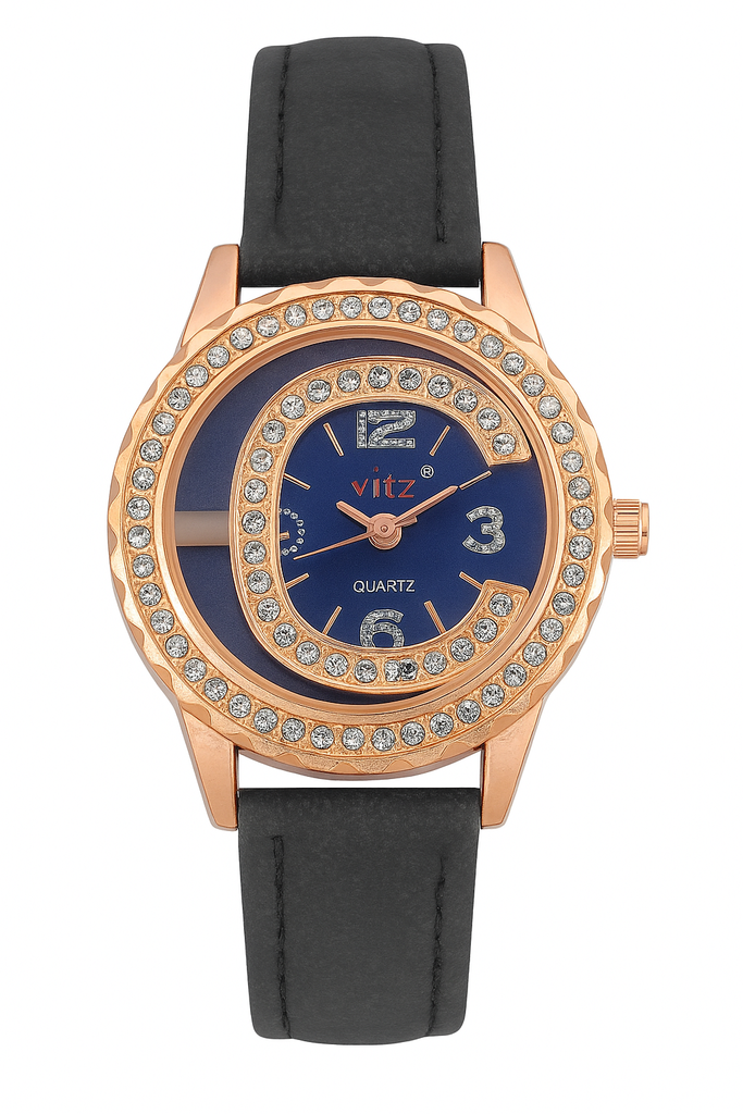 Stylish Rose Gold Finish & Black Leather Strap Ladies Quartz Watch - VITZ - MF Collections