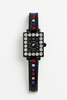 Stylish Rectangle Dial Black Band Quartz Watch with Multi-Color Gems - MF Collections