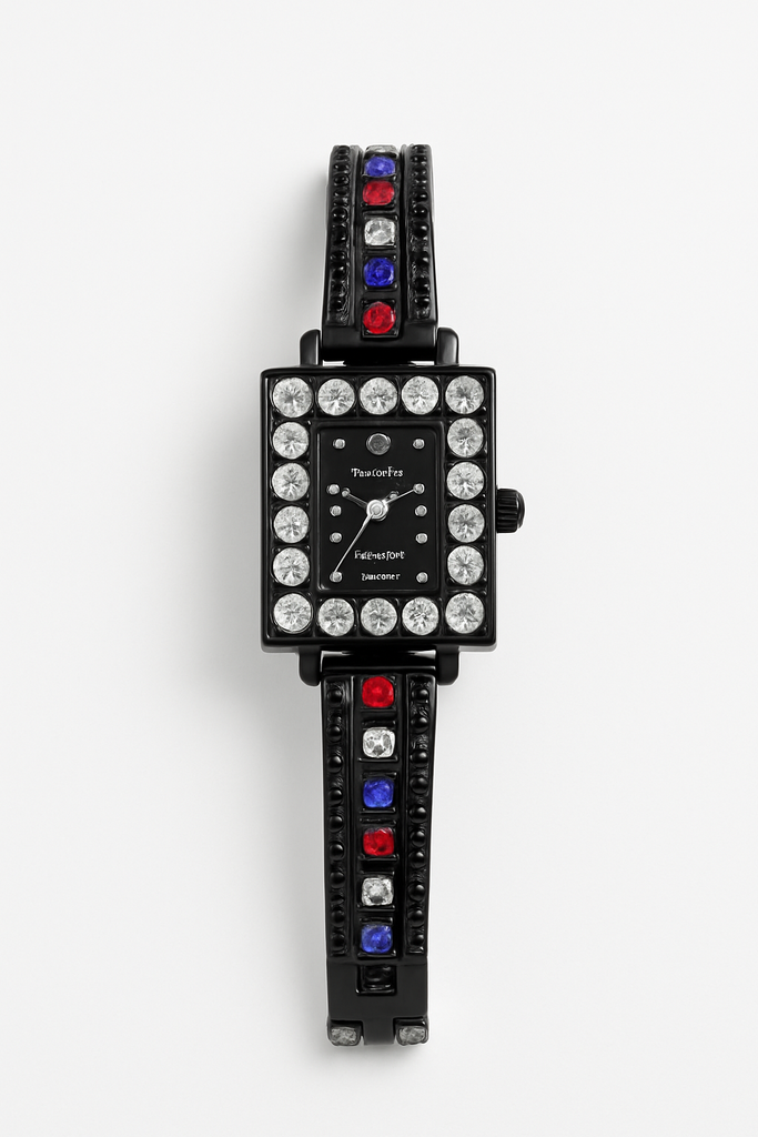 Stylish Rectangle Dial Black Band Quartz Watch with Multi-Color Gems - MF Collections