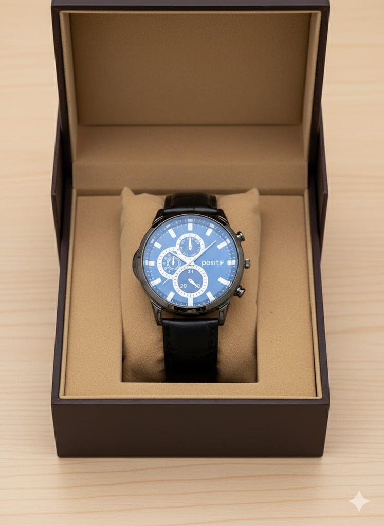 POSI TIF Blue Dial Multi-Function Gents Watch with Black Leather Strap – MF collections