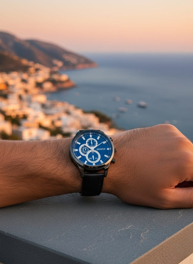 POSI TIF Blue Dial Multi-Function Gents Watch with Black Leather Strap – MF collections