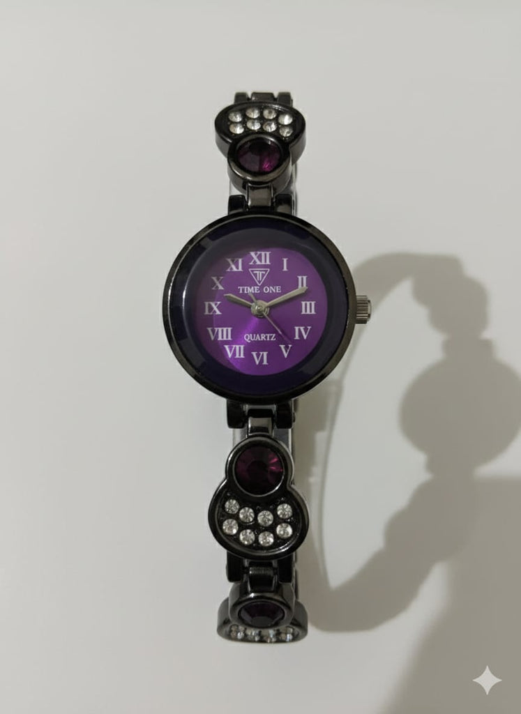 Elegant Purple Dial Crystal Studded Ladies Bracelet Watch - TIME ONE - MF Collections