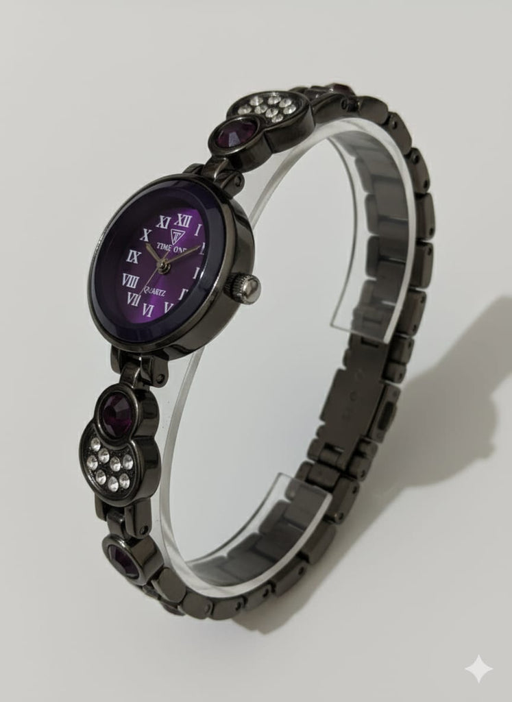 Elegant Purple Dial Crystal Studded Ladies Bracelet Watch - TIME ONE - MF Collections