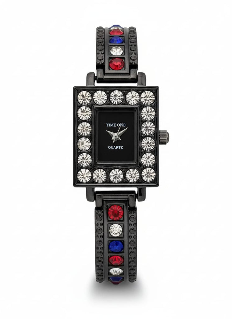 Stylish Rectangle Dial Black Band Quartz Watch with Multi-Color Gems - MF Collections