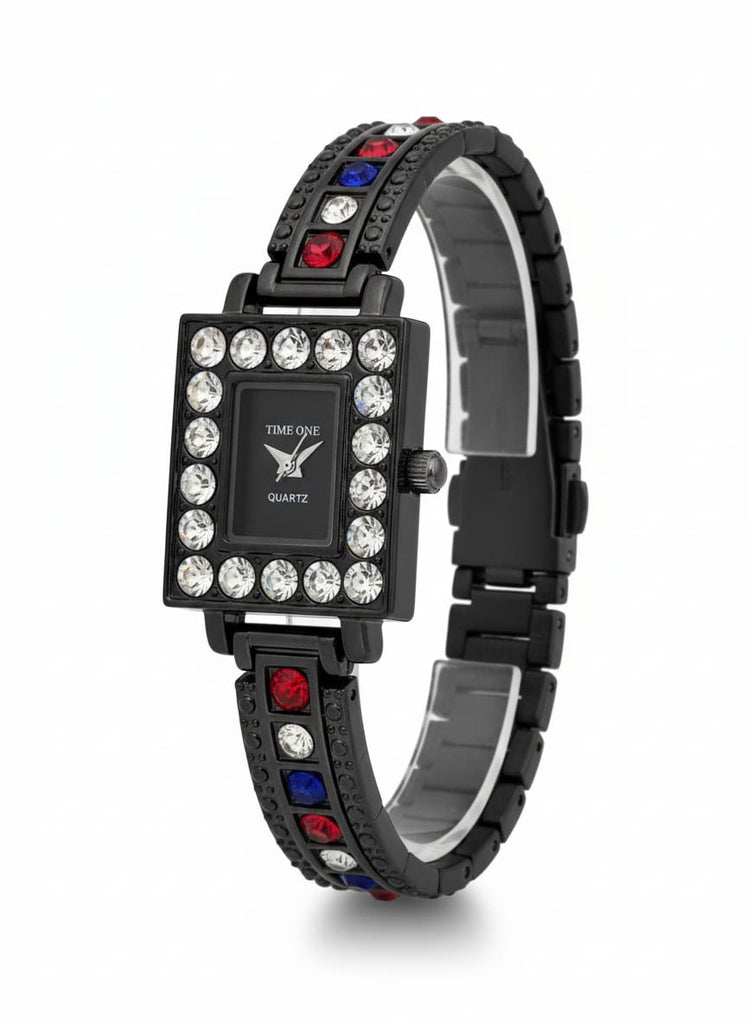 Stylish Rectangle Dial Black Band Quartz Watch with Multi-Color Gems - MF Collections