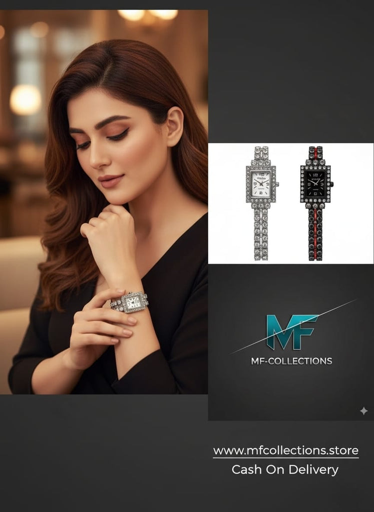 Stylish Rectangle Dial Black Band Quartz Watch with Multi-Color Gems - MF Collections