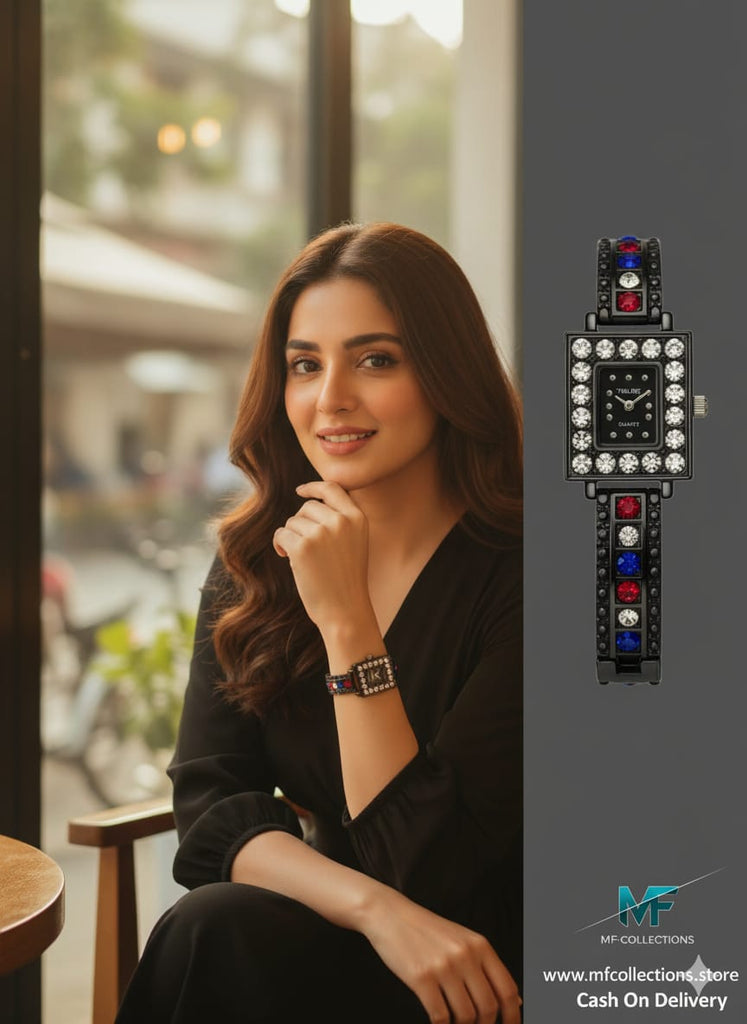 Stylish Rectangle Dial Black Band Quartz Watch with Multi-Color Gems - MF Collections