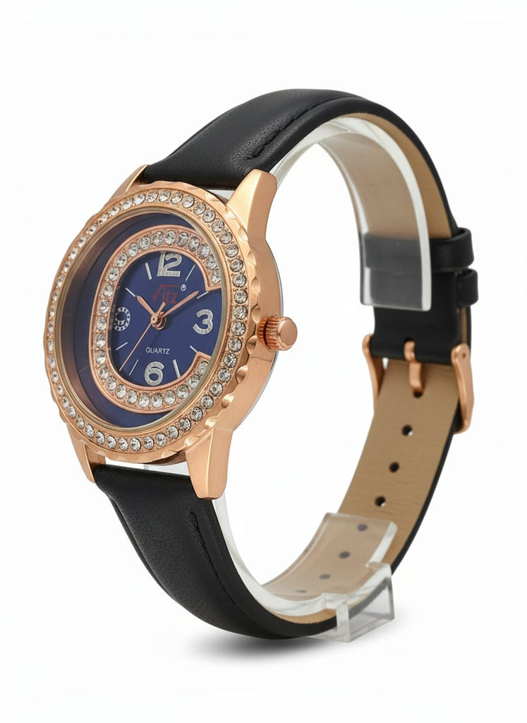 Stylish Rose Gold Finish & Black Leather Strap Ladies Quartz Watch - VITZ - MF Collections